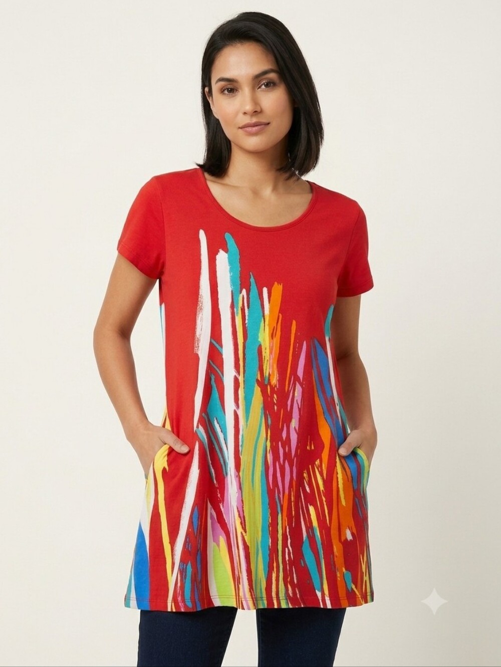 Parsley & Sage Abstract Graphic Paint Splatter Tunic Top Small Pockets